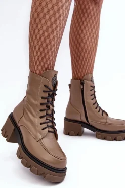 Best Boto Skórzane Damskie Ocieplane Botki Trapery Lemar Brązowe Rehin