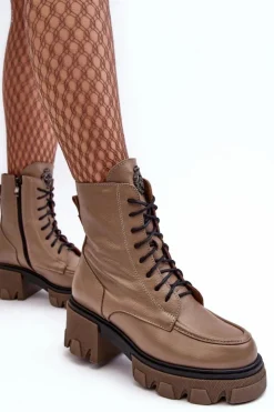 Best Boto Skórzane Damskie Ocieplane Botki Trapery Lemar Brązowe Rehin