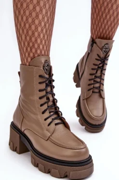 Best Boto Skórzane Damskie Ocieplane Botki Trapery Lemar Brązowe Rehin