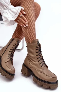 Best Boto Skórzane Damskie Ocieplane Botki Trapery Lemar Brązowe Rehin