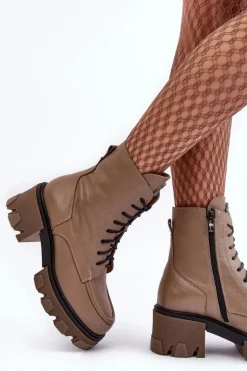 Best Boto Skórzane Damskie Ocieplane Botki Trapery Lemar Brązowe Rehin