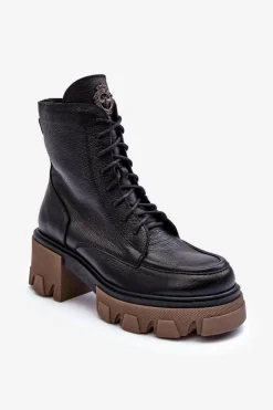 Boto Damskie Trapery|Botki Sznurowane*Skórzane Damskie Ocieplane Botki Trapery Czarne Lemar Rehin
