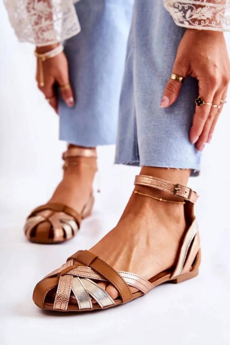 Maciejka Sandały Płaskie*Skórzane Damskie Sandały 01924-32 Złoto-Brązowe