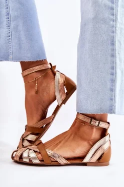 Maciejka Sandały Płaskie*Skórzane Damskie Sandały 01924-32 Złoto-Brązowe