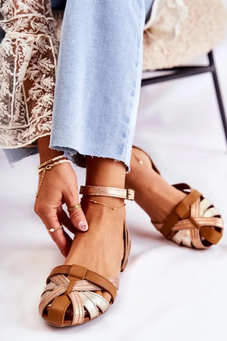 Maciejka Sandały Płaskie*Skórzane Damskie Sandały 01924-32 Złoto-Brązowe