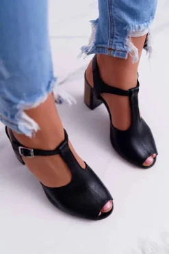 Hot Maciejka Skórzane Damskie Sandały Czarne 04117