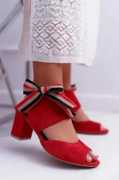 Damskie Maciejka Skórzane Damskie Sandały Na Słupku Czerwone 04038-08