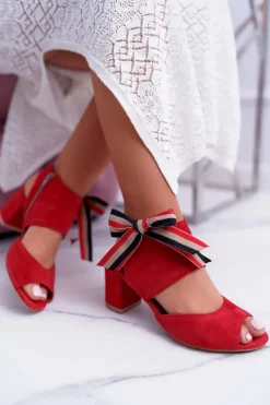 Damskie Maciejka Skórzane Damskie Sandały Na Słupku Czerwone 04038-08