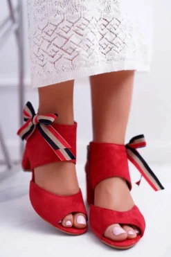 Damskie Maciejka Skórzane Damskie Sandały Na Słupku Czerwone 04038-08