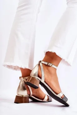 Maciejka Sandały Na Obcasie*Skórzane Damskie Sandały 05177-25 Złote