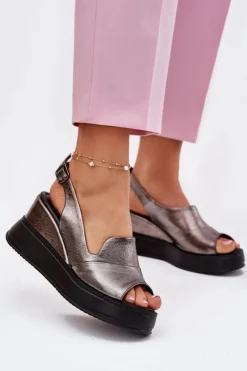 Damskie Artiker Skórzane Damskie Sandały Na Koturnie 54C0402 Grafitowe