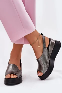 Damskie Artiker Skórzane Damskie Sandały Na Koturnie 54C0402 Grafitowe
