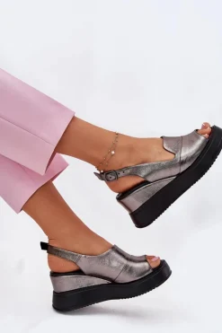 Damskie Artiker Skórzane Damskie Sandały Na Koturnie 54C0402 Grafitowe