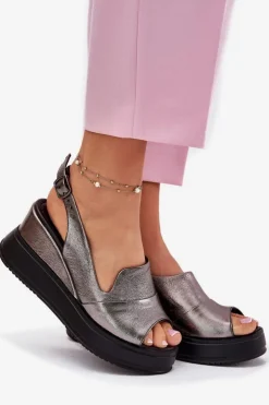 Damskie Artiker Skórzane Damskie Sandały Na Koturnie 54C0402 Grafitowe