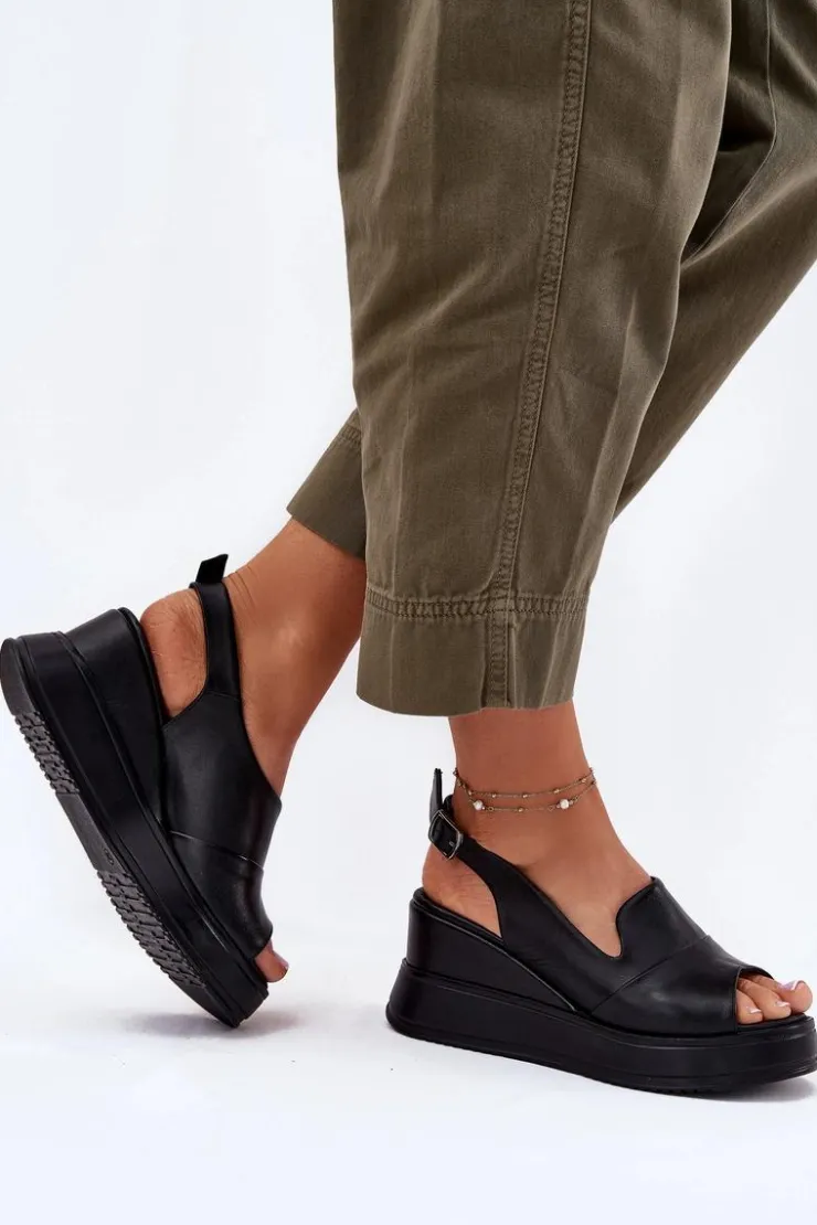 Sale Artiker Skórzane Damskie Sandały Na Koturnie 52C0484 Czarne Czarny