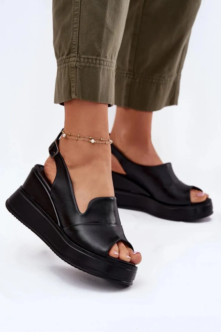 Sale Artiker Skórzane Damskie Sandały Na Koturnie 52C0484 Czarne Czarny