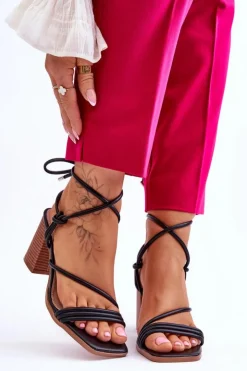 Sale Boto Skórzane Damskie Sandały Na Słupku Czarne Seyna