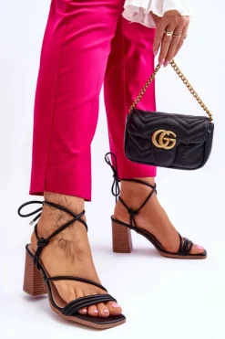 Sale Boto Skórzane Damskie Sandały Na Słupku Czarne Seyna