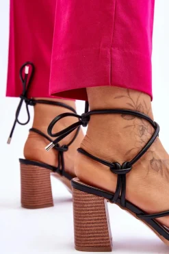 Sale Boto Skórzane Damskie Sandały Na Słupku Czarne Seyna