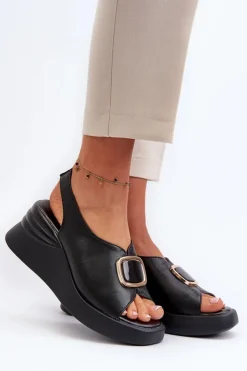 Evento Sandały Na Koturnie*Skórzane Damskie Sandały Na Koturnie Z Ozdobą Czarne Salvania