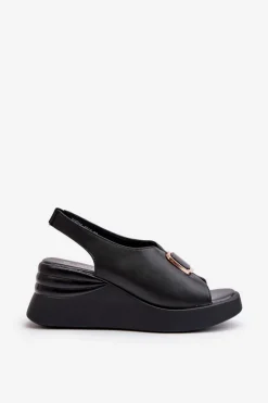 Evento Sandały Na Koturnie*Skórzane Damskie Sandały Na Koturnie Z Ozdobą Czarne Salvania