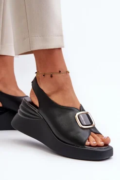 Evento Sandały Na Koturnie*Skórzane Damskie Sandały Na Koturnie Z Ozdobą Czarne Salvania