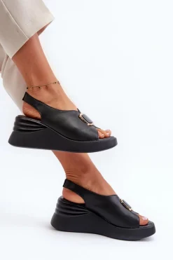 Evento Sandały Na Koturnie*Skórzane Damskie Sandały Na Koturnie Z Ozdobą Czarne Salvania