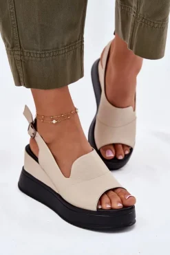 Artiker Sandały Na Koturnie*Skórzane Damskie Sandały Na Koturnie 54C0401 Beżowe Beżowy