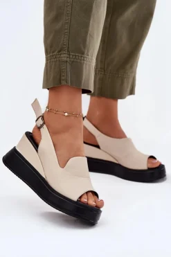 Artiker Sandały Na Koturnie*Skórzane Damskie Sandały Na Koturnie 54C0401 Beżowe Beżowy