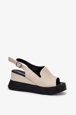 Artiker Sandały Na Koturnie*Skórzane Damskie Sandały Na Koturnie 54C0401 Beżowe Beżowy