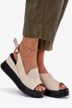 Artiker Sandały Na Koturnie*Skórzane Damskie Sandały Na Koturnie 54C0401 Beżowe Beżowy