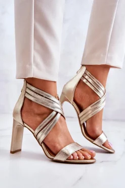 Outlet Boto Skórzane Damskie Sandały Na Suwak Lewski Shoes 3138 Złote