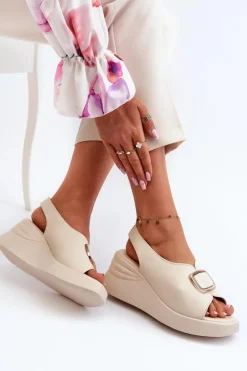 Damskie Evento Skórzane Damskie Sandały Na Koturnie Z Ozdobą Beżowe Salvania