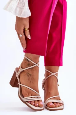 Online Boto Skórzane Damskie Sandały Na Słupku Beżowe Seyna