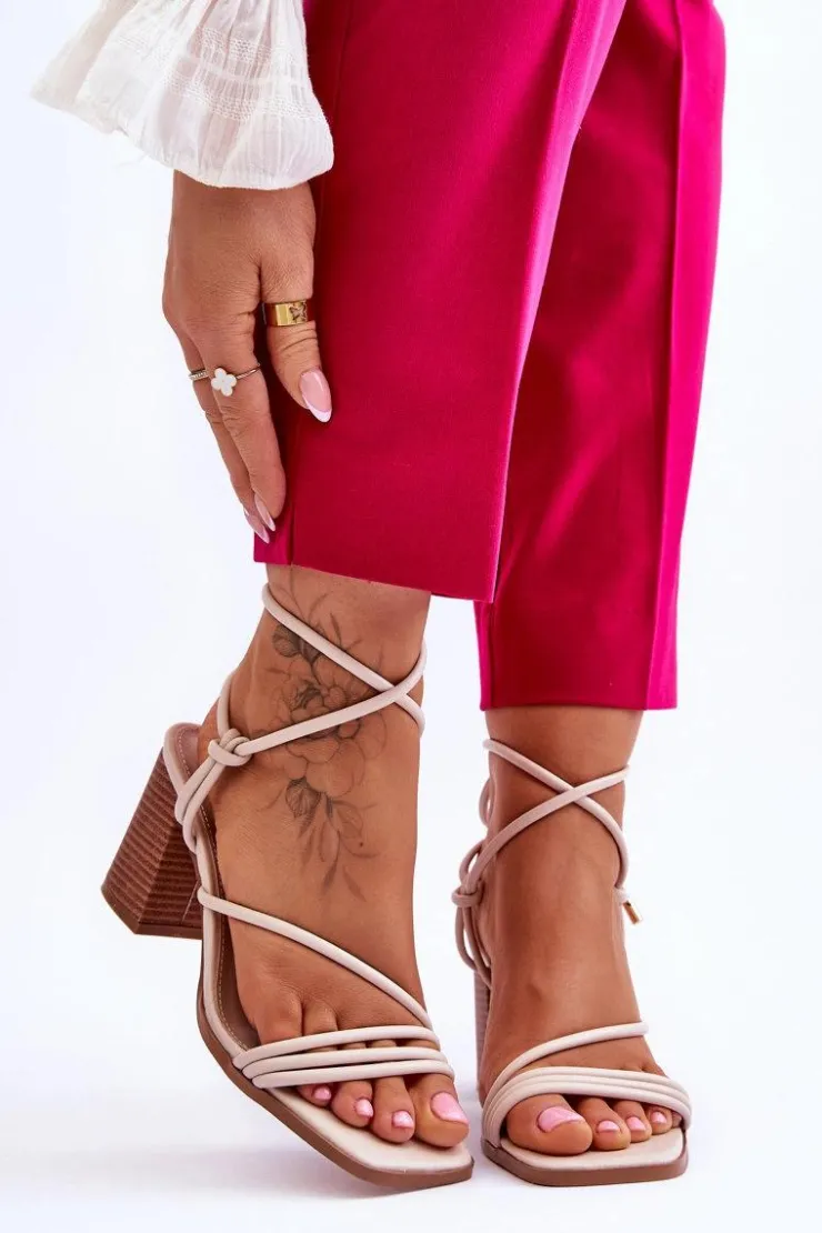 Online Boto Skórzane Damskie Sandały Na Słupku Beżowe Seyna