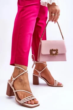 Online Boto Skórzane Damskie Sandały Na Słupku Beżowe Seyna