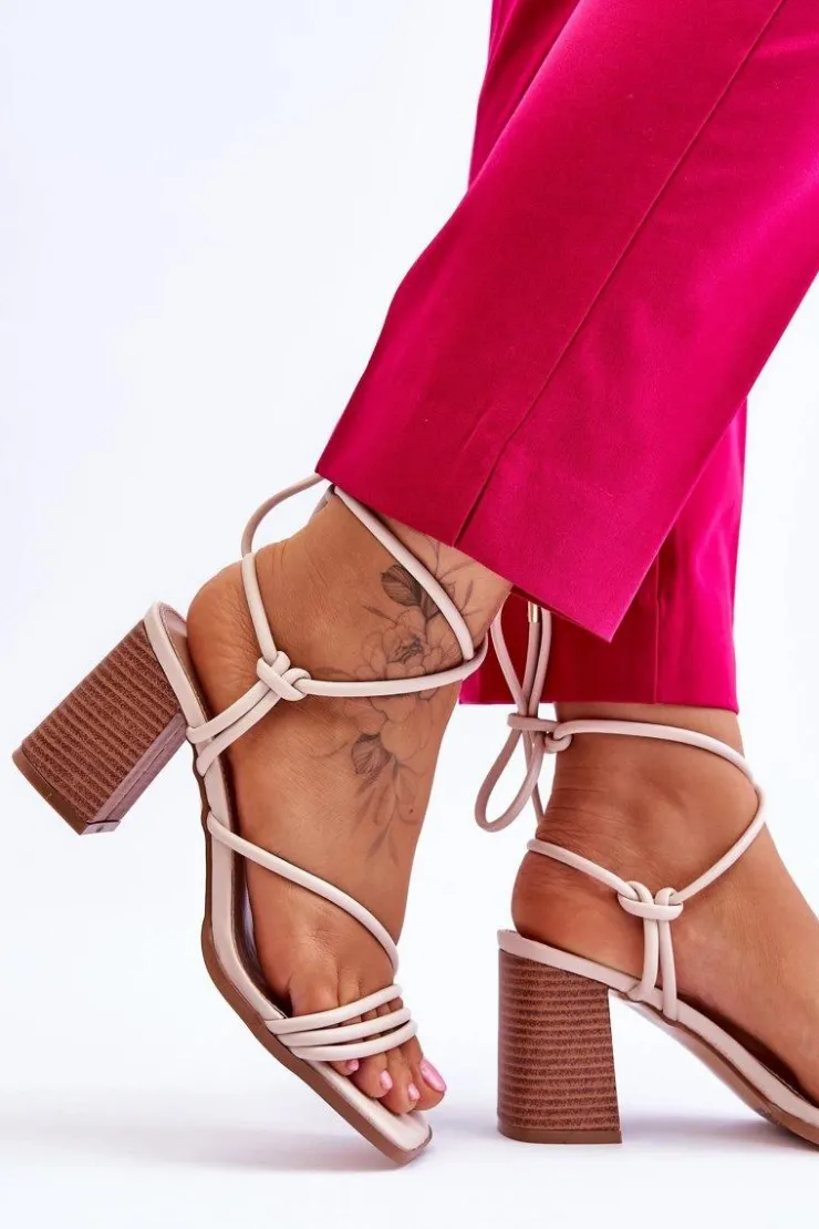 Online Boto Skórzane Damskie Sandały Na Słupku Beżowe Seyna