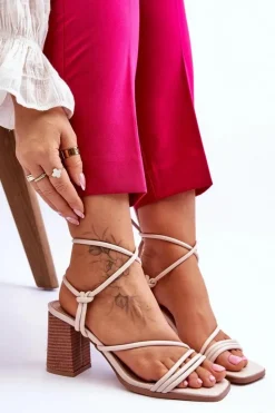 Online Boto Skórzane Damskie Sandały Na Słupku Beżowe Seyna