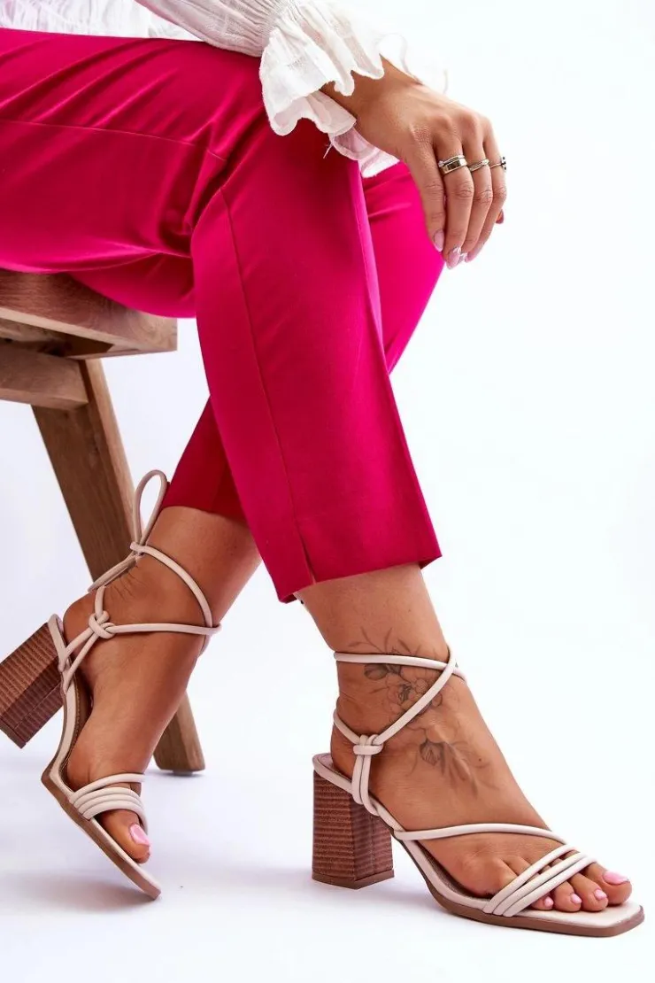 Online Boto Skórzane Damskie Sandały Na Słupku Beżowe Seyna