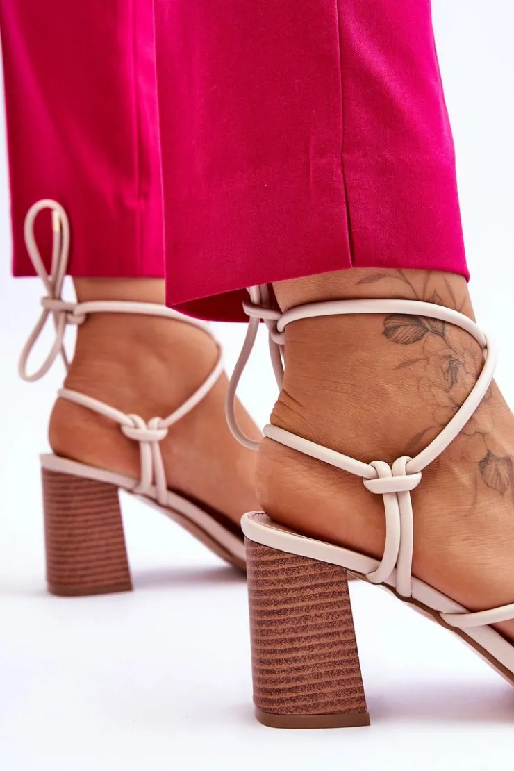 Online Boto Skórzane Damskie Sandały Na Słupku Beżowe Seyna