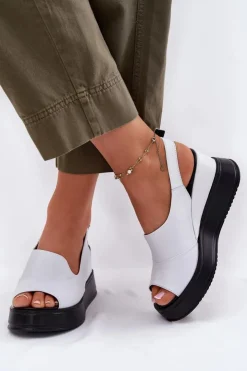 Artiker Sandały Na Koturnie*Skórzane Damskie Sandały Na Koturnie 52C0483 Białe