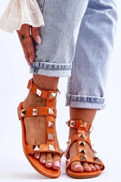 Damskie Boto Skórzane Damskie Sandały Z Dużymi Ćwiekami Pomarańczowe Mishigan