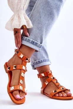 Damskie Boto Skórzane Damskie Sandały Z Dużymi Ćwiekami Pomarańczowe Mishigan