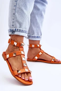 Damskie Boto Skórzane Damskie Sandały Z Dużymi Ćwiekami Pomarańczowe Mishigan