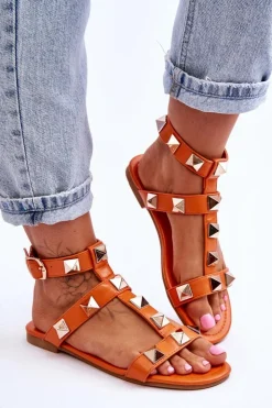 Damskie Boto Skórzane Damskie Sandały Z Dużymi Ćwiekami Pomarańczowe Mishigan