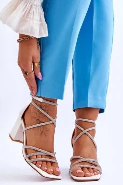 Clearance Boto Skórzane Damskie Sandały Z Cyrkoniami Na Obcasie Białe Liviano