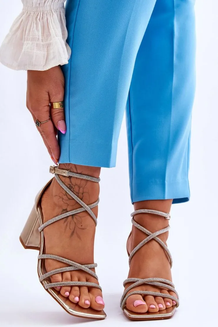 New Boto Skórzane Damskie Sandały Z Cyrkoniami Na Obcasie Złote Liviano