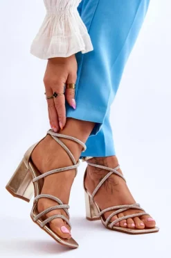 New Boto Skórzane Damskie Sandały Z Cyrkoniami Na Obcasie Złote Liviano