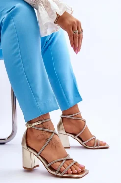 New Boto Skórzane Damskie Sandały Z Cyrkoniami Na Obcasie Złote Liviano