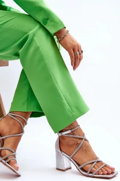 Boto Sandały Na Obcasie*Skórzane Damskie Sandały Z Cyrkoniami Na Obcasie Srebrne Liviano